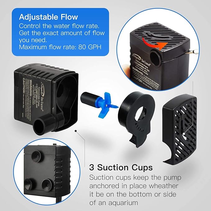 Simple Deluxe 80 GPH Submersible Pump with Adjustable Intake & 6' Waterproof Cord for Hydroponics, Aquaponics, Fountains, Ponds, Statuary, Aquariums & more, Black (Pack of 2)