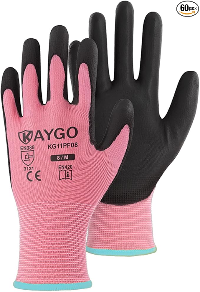 KAYGO Work Gloves for Men and Women,60 Pairs Seamless Knit PU Coated Safety Gloves, with Smooth Grip on Palm and Fingers, Ideal for Light Warehouse, Manufacturing, Gardening, KG11P (M,Pink)