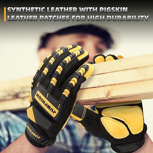 JUMPHIGH Work Gloves for Men, Heavy Ducty TPR Protector Impact Gloves, Anti Vibration, Abrasion Resistance, Flex Grip, Touch Screen (M)