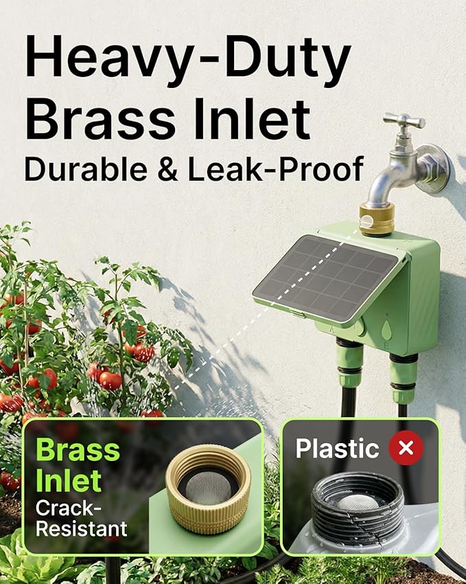 WiFi Water Timer for Garden Hose 2-Pack with Hose Splitter, 2-Zone Solar Powered Smart Irrigation Controller with Flow Meter, Rain Delay & Auto Irrigation, Brass Inlet, No Hub Required