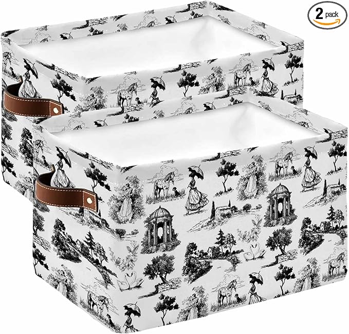 Farmhouse Country Storage Bins Cubes Waterproof Cloth Storage Basket, Retro French Garden Horse Swan Foldable Storage Bags for Shelf Closet Clothes Organizers with Handles 15x11x9.5 in 2PCS