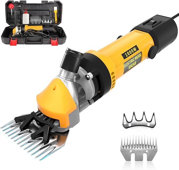 PAT JUUMG 1000W Sheep Shears Electric Farm Livestock Haircut with Blades Professional Animal Clippers 6 Speed Heavy Duty Electric for Thick Horses Sheep Alpacas Goats(Yellow)