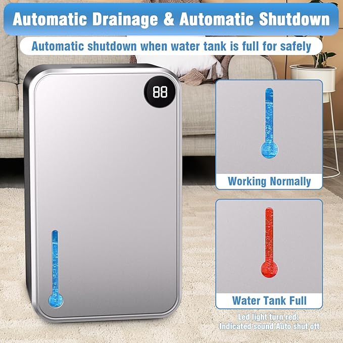 Dehumidifier, 95OZ Dehumidifiers for Home 1000 Sq.Ft, Quiet with Auto Shut Off, Humidity Display Dehumidifier for Bedroom/Bathroom, Timer, Drain Hose, 7-color LED light, Moisture Absorbers (Grey)