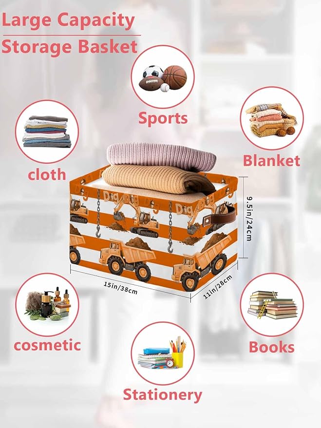 Orange Striped Truck Storage Bins Cubes Waterproof Cloth Storage Basket, Farmhouse Stripes Modern Art Foldable Storage Bags for Shelf Closet Clothes Organizers with Handles 15x11x9.5 in 2PCS