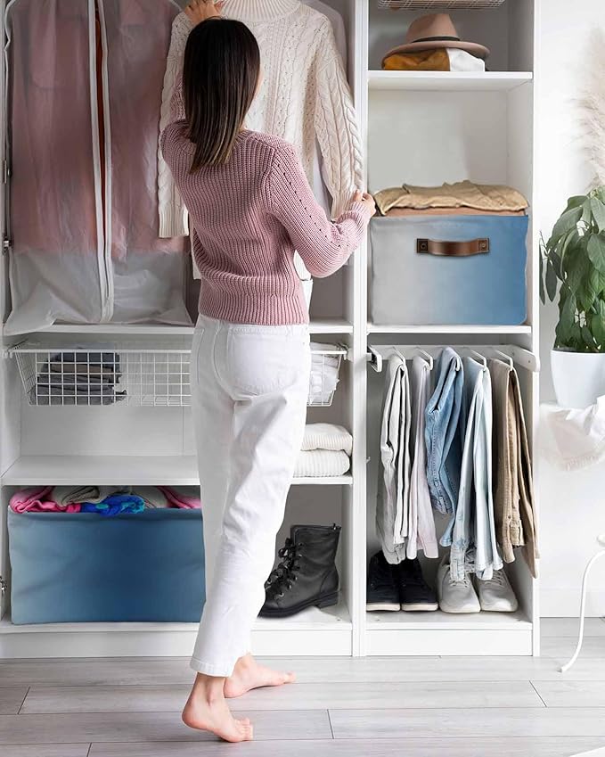 Navy Blue Grey Ombre Storage Bins Cubes Waterproof Cloth Storage Basket, Farmhouse Gradient Minimalist Foldable Storage Bags for Shelf Closet Clothes Storages Organizers with Handles 15x11x9.5 in 2PCS