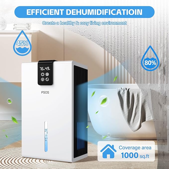 PSOS Dehumidifier, Dehumidifiers for Home, 98 OZ Water Tank, (1000 sq.ft) Quiet Dehumidifier for Basement Bathroom Bedroom with Humidity Display, Auto Shut Off, Relaxing 7 Color Ambient Light(White)