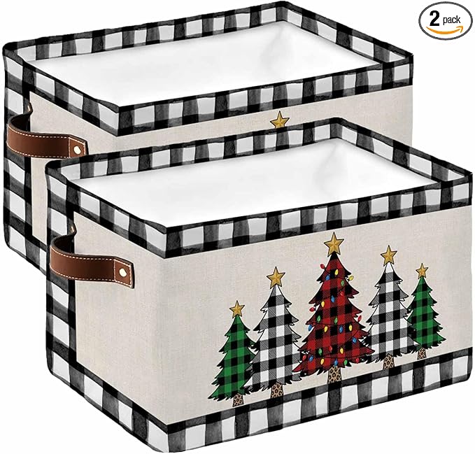 Christmas Tree Storage Bins Cubes Waterproof Cloth Storage Basket, Xmas Farmhouse Buffalo Plaid Retro Foldable Storage Bags for Shelf Closet Clothes Organizers with Handles 15x11x9.5 in 2PCS