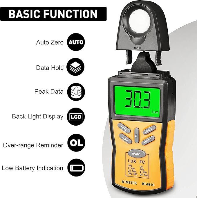 BTMETER Digital Illuminance Light Meter BT-881C,Lumen/FC Photometer,Luxmeter Sensor Measure 0.1~200000 Lux (0.01~20000FC) Lights,Bright Tester for Photography, Plant, Foot Candle