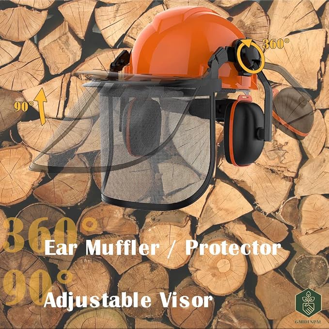 GardenPal Industrial Forestry Safety Helmet and Hearing Protection System, with Mesh Face Protection, Safety Helmet with Ear Muffs, Chainsaw Helmet, Chainsaw Face Shield, (Orange)