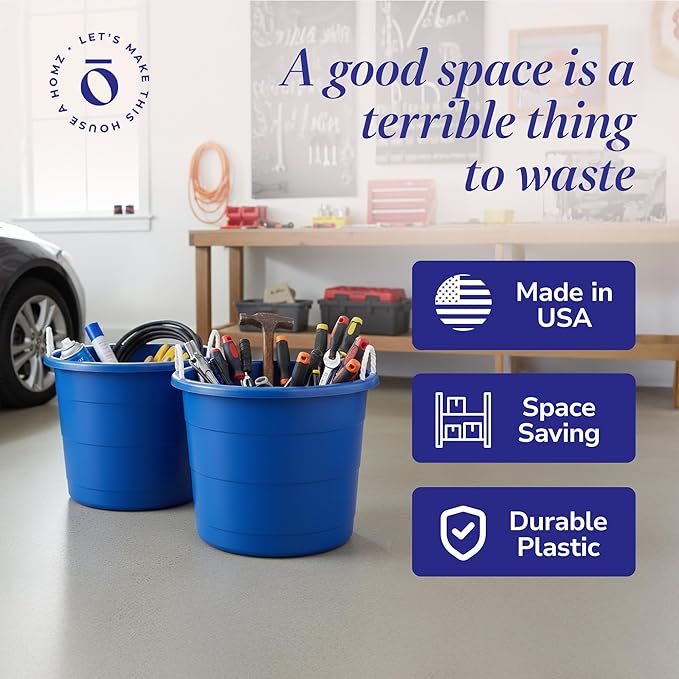 HOMZ 2-Pack Utility Tub, Large Plastic Storage Bucket with Rope Handles, 17 Gallon, Blue - Portable Indoor and Outdoor Buckets for Kitchen, Laundry, Garden, Bathroom, and Garage Organization