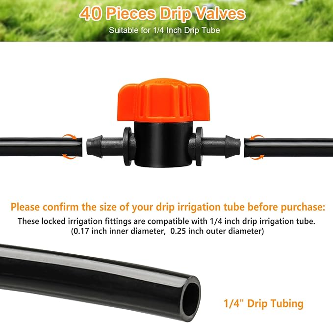 1/4" Drip Irrigation Valves, 40 Pcs Drip Irrigation Shut Off Switch Valve for 1/4 Inch Drip Irrigation Tubing, Water Flow Control Valve Drip Line Cut Off Valve for Drip Sprinkler Garden Systems