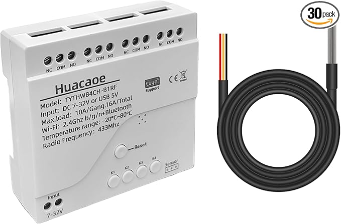 Tuya WiFi Smart Temperature Sensor Controller,4CH 7-32V Relay Switch, Remote Voice Control, APP Remote Control, Dry Contact, Real-Time Monitoring, Compatible with Alexa and Google Home