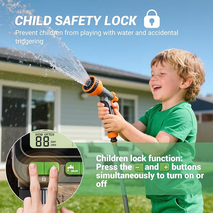 NexusLab Sprinkler Timer, 4 Customizable Programs Sprinkler Drip Irrigation, IP65 Waterproof, Auto Rain Delay Manual Mode, Child Lock (Watering Sprinkler with Remote Control)