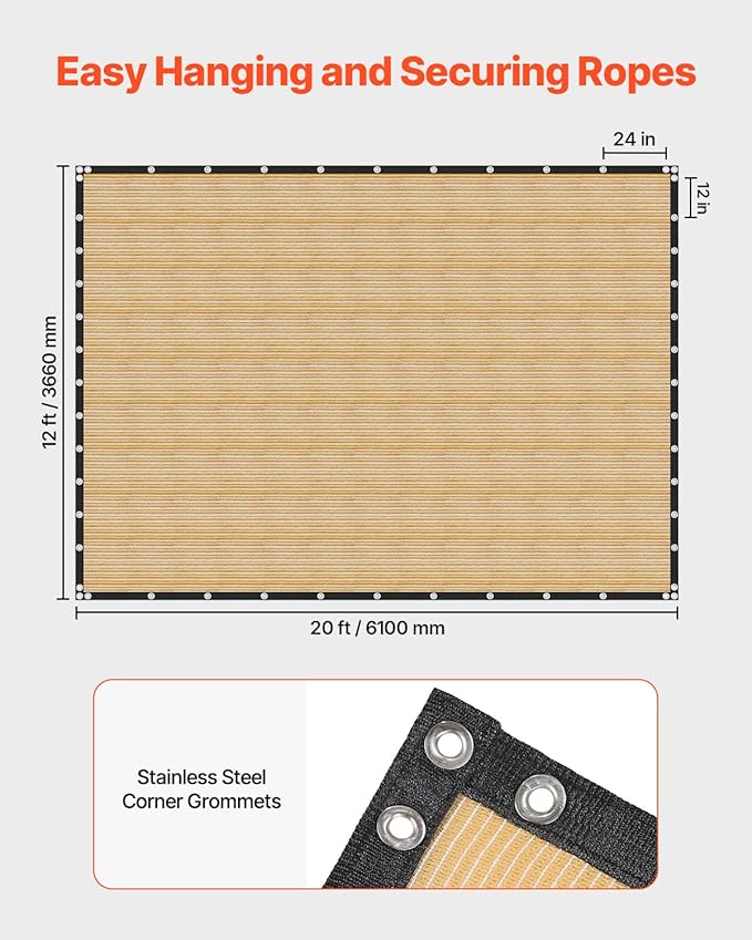 VEVOR 90% Sun Shade Cloth, 12 x 20 ft Pergola Shade Cover with Stainless Steel Grommets, Sun Shades Canopy Privacy Screen with 160 GSM HDPE Material, for Outdoor, Patio, Garden, and Backyard (Beige)
