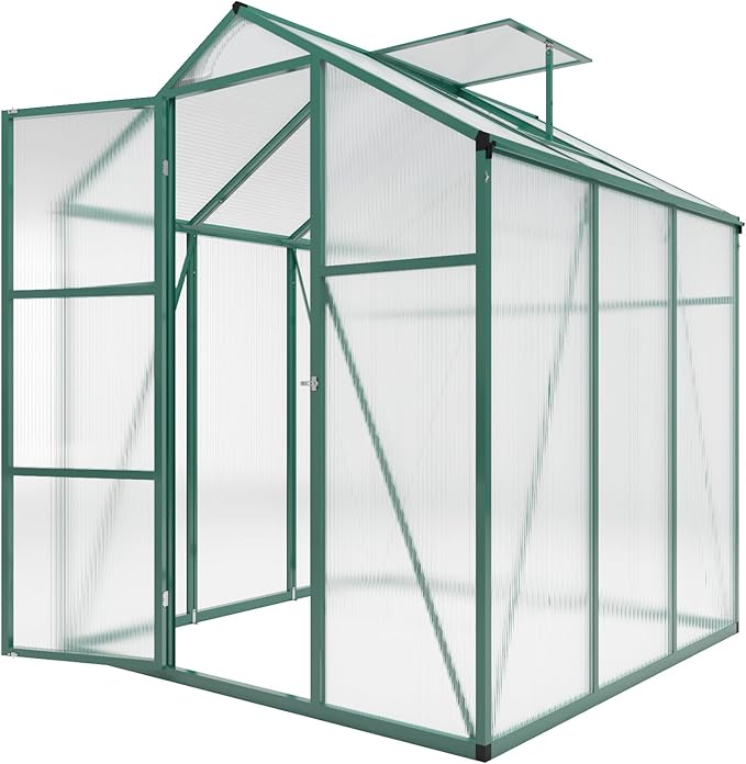Greenhouse for Outdoors 6.1x6.1x7.2 FT, Polycarbonate Greenhouses with Roof Vent, Lockable Door and Ground Nails, Heavy-Duty Aluminum Walk-in Green House, Large Sunroom for Garden, Green