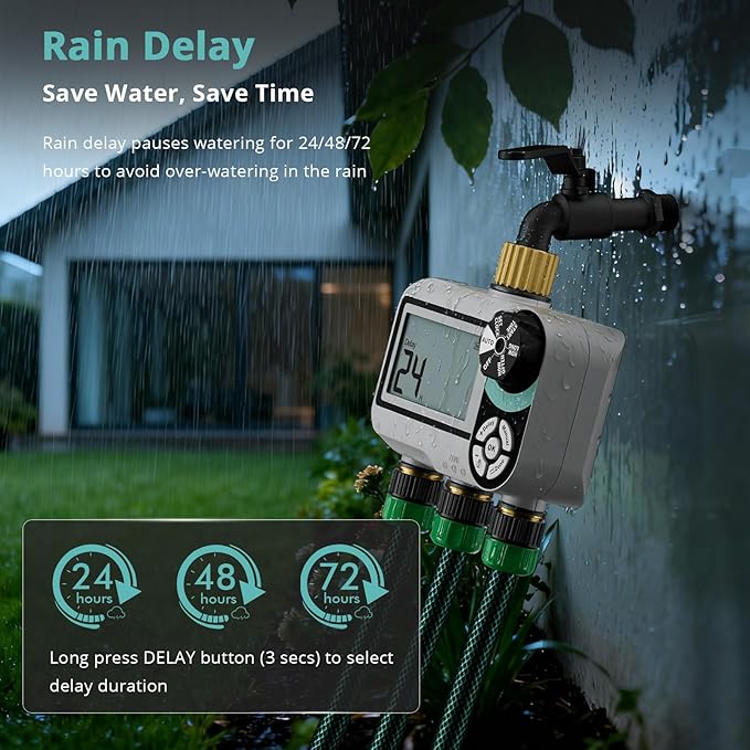 QUOBAS Brass Sprinkler Timer for Garden Hose, Programmable Water Timer for Hose Faucet with Child Lock, Rain Delay/Auto/Manual 3 Modes, Large Waterproof Screen, 3 Zone Independent Watering