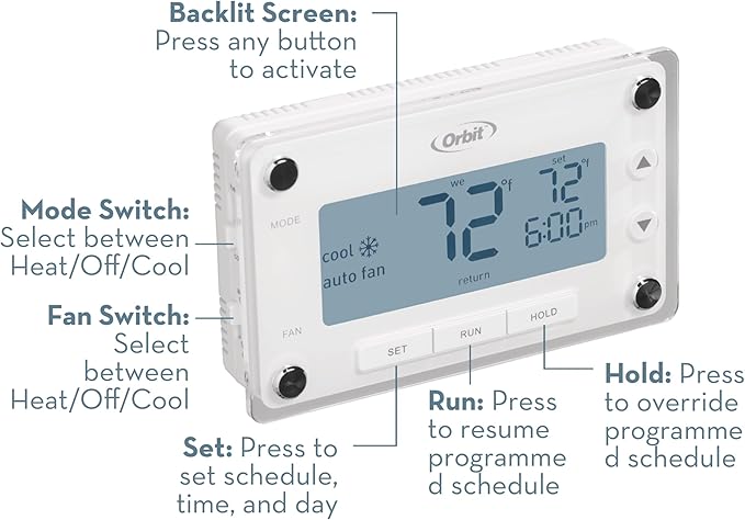 Orbit 83521 Clear Comfort Programmable Thermostat with Large, Easy-to-Read Display, White