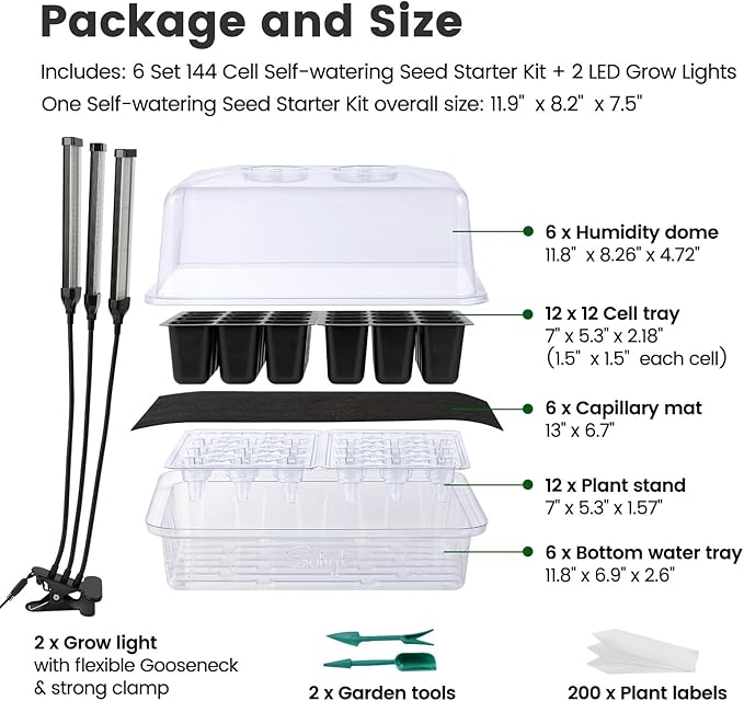 SOLIGT 144 Cell Self Watering Seed Starter Trays with 2 Grow Lights, 6 Seed Starter Kit with Humidity Domes, Full Spectrum Seedling Light with 8/12/18H Timer for Seed Starting, Seedling Growing