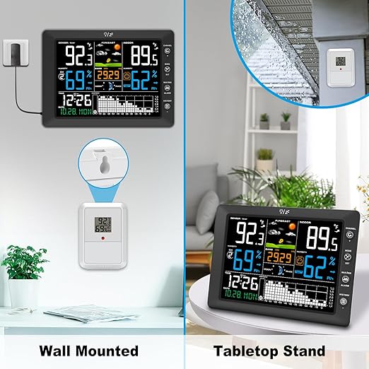 Urageuxy Wireless Weather Station with Indoor Outdoor Thermometer, Atomic Clock, 8.3" Large Color Display, Barometric Pressure Monitor, Forecast, 328ft Range for Home, Patio, RV, Garage