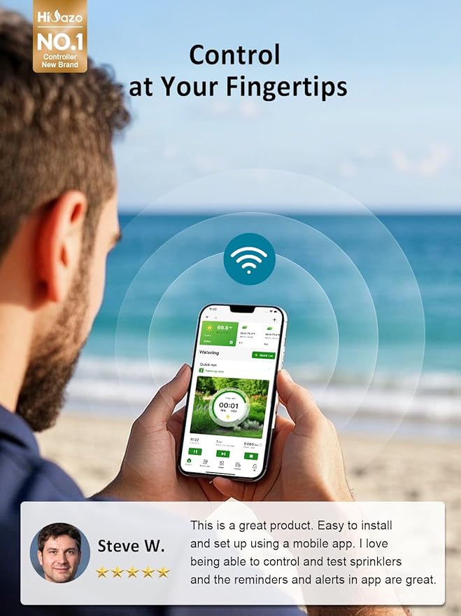 Smart Sprinklers Controller WiFi, Irrigation Controller Easy Use App Enabled, 4 Zone + 16 Plans, Save Water Auto Skip Rain, Freeze & Wind, 10 Minutes Install