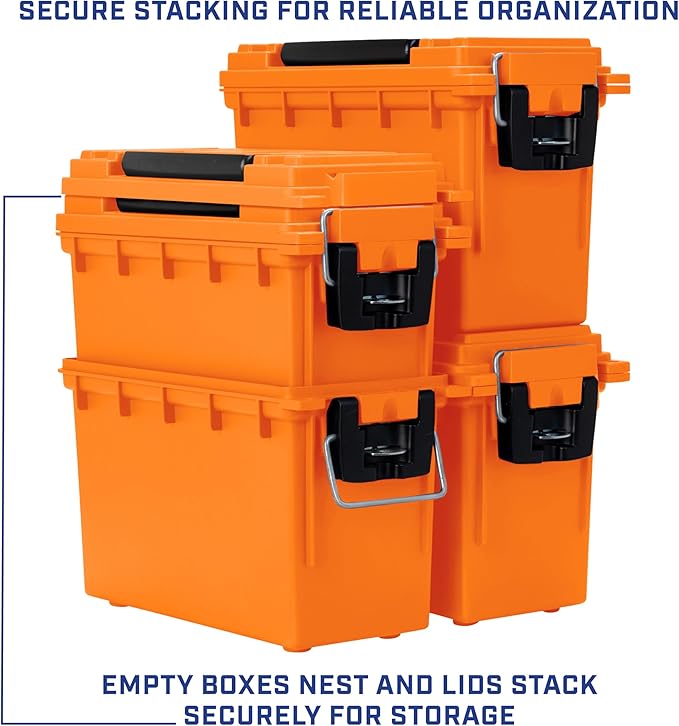 Sheffield 12630 Ammo Storage Box, Stackable .30 Cal Field Boxes, Water and Dust Resistant, Lockable Storage Box with Handle, Secures Hunting Gear, Supplies, and Bullets, Made in USA, Orange, 1-Pack