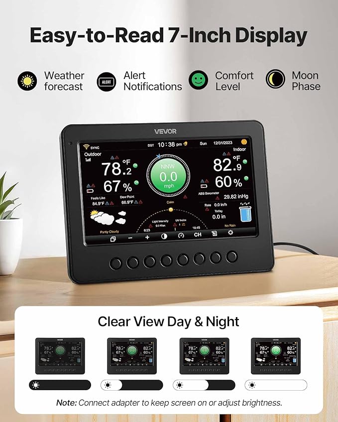 VEVOR 7-in-1 Wi-Fi Weather Station, 7-Inch TFT Display, Wireless Solar Powered Outdoor Sensor, Rain Gauge, Indoor Outdoor for Weather Forecast, Wind Speed Direction, Temperature, Humidity, Rainfall