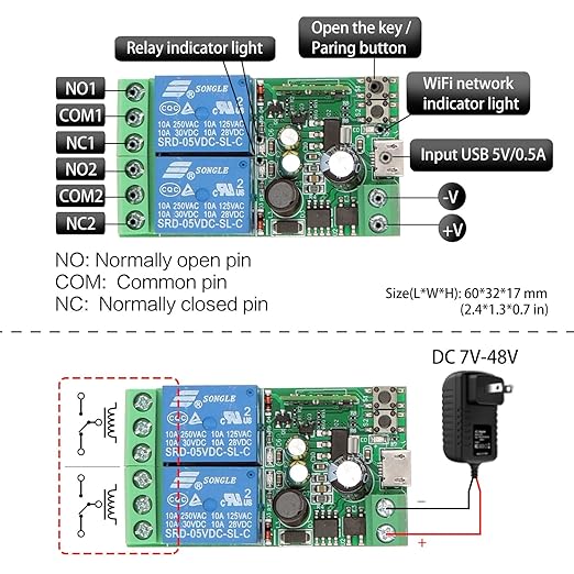 DieseRC 2x2 Channels WiFi Smart Switch with 1x Bluetooth Transmitter, DC 5V 12V 24V Passive Output Relay Module Ewelink APP WiFi Control Compatible with Alexa/Google Home, Inching/Self-Locking Switch
