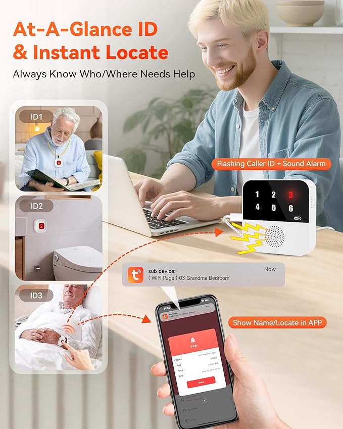 PILSAMAS WiFi Caregiver System - 2 Smart HUBs with Flashing Caller ID & APP Alert, 2 Waterproof Wristband + 2 Call Buttons, No Monthly Fee, Medical Alert Systems for Seniors at Home & Nursing Homes