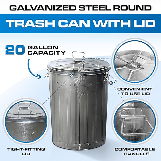 Plexon 20 Gallon Metal Trash Can with Lid Outdoor Large Trash Bin Galvanized Steel Garbage Can for Farm Garage Patio Ash Bucket Bird Seed Storage Can Heavy Duty Round Container, 6 Pack