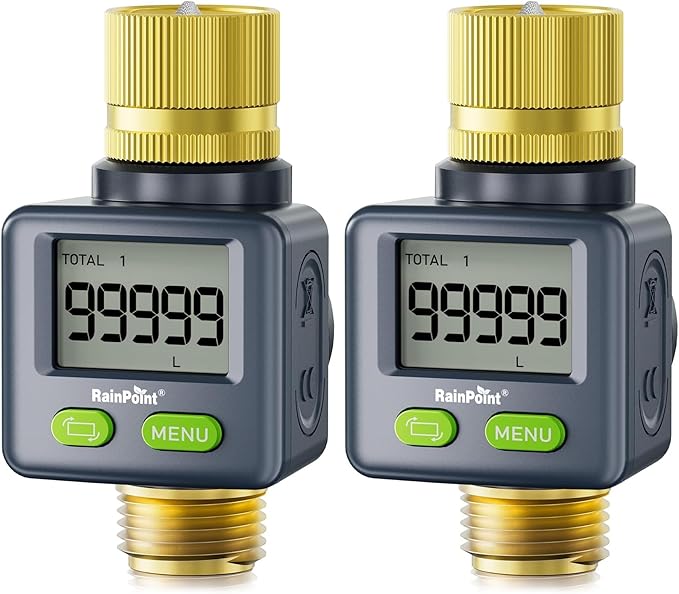 RAINPOINT Water Flow Meter with Brass Inlet & Outlet, 180° Screen-Flip Water Meter, Measure Gallon/Liter Consumption for RV Filling, Garden Watering, Sprinkler and Hoze Nozzle (Pack of 2)
