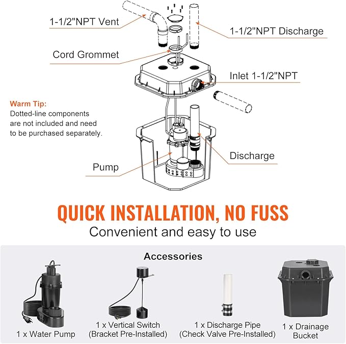 VEVOR Utility Sink Pump, 1/3 HP, 120-Volt, 2900 GPH Flow, 25 ft Head, Under-Sink Sump Pump System with 6 Gallon Basin, for Automatic Utility/Laundry, Drain Pump with 1-1/2" NPT Outlet, Black