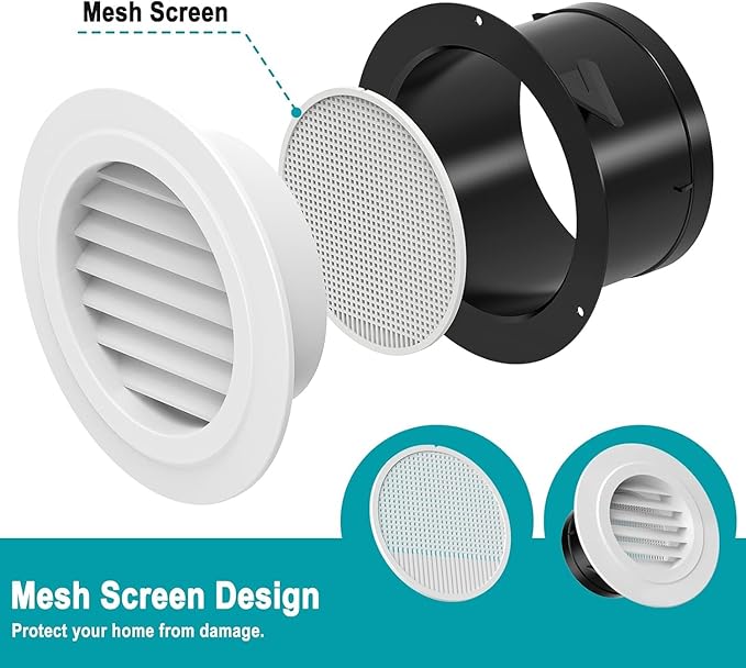 HG Power 6 Inch (150mm) Soffit Vents - 8 Pack White ABS Louvered Exhaust Vent with Built-in Screen Mesh - for Exhaust Fan, Inline Duct Fan, Bathroom, Kitchen, Attic, HVAC & Dryer Ventilation