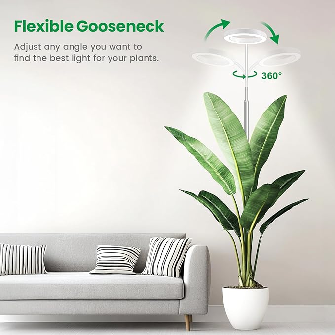 Garpsen Halo Grow Light, Full Spectrum Plant Light with Gooseneck, 3 Colors Modes and 5 Dimmable Levels, 6/12/16H Timer, 65'' Height Adjustable Grow Lamp for Large Plants(3Pack)-White
