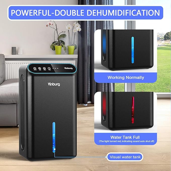 Dehumidifier for Home 1000 sq.ft - Small Quiet Dehumidifier with Auto Shut Off, Aromatherapy, 3 Gear Timer, Sleep Mode, 7-Color LED Light, Drain Hose for Bedroom, Bathroom, Basement, RV(Matte Black)