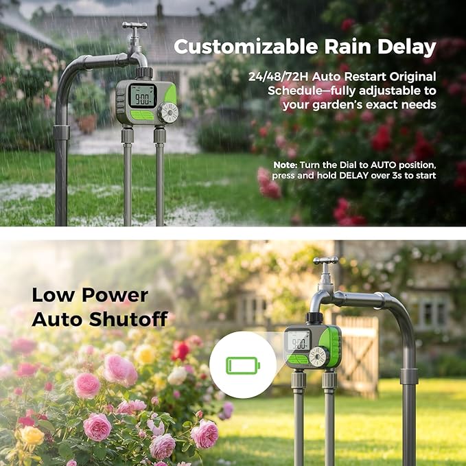 Sprinkler Timer, Watering Timer for Garden Hose, 2 Outlets Programmable Hose Timers with Rain Delay, Outdoor Soaker Auto & Manual Drip Irrigation Controller System for Lawn Yard Greenhouse