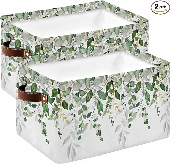 Sage Green Eucalyptus Storage Bins Cubes Waterproof Cloth Storage Basket,Watercolor Spring Weeping Botanical Foldable Storage Bags for Shelf Clothes Storages Organizers with Handles 15x11x9.5 in 2PCS