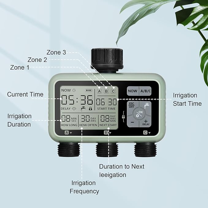 Watering Timer 3 Zone, Sprinkler Timer, Programmable Garden Outdoor Hose Faucet Timer with Rain Delay, Auto & Manual Watering System,Water Hose Irrigation Timers 3 Outlet for Garden