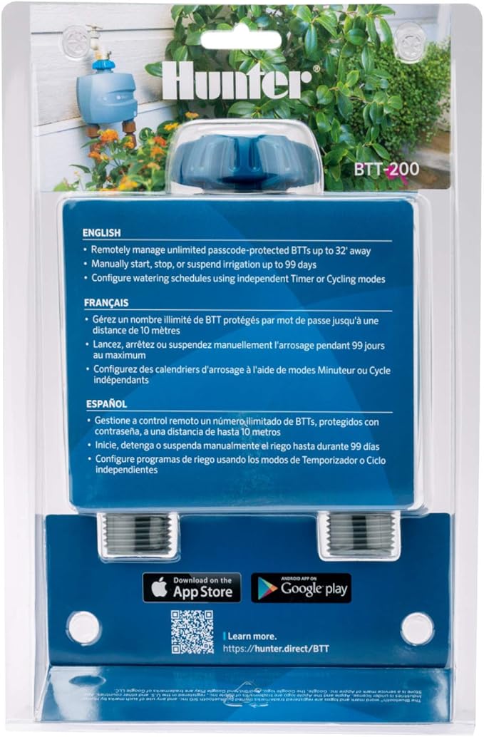 Hunter BTT Bluetooth Hose Timer, 2-Zone Smart Irrigation Controller, App Controlled Watering for Lawn, Garden, and Drip Systems, Battery Operated, No WiFi Required
