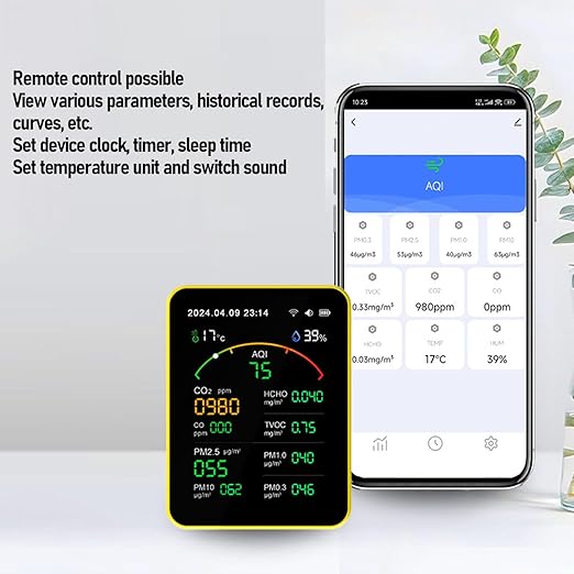 Air Quality Detector, 15 in 1 WiFi APP Control CO2 HCHO TVOC PM2.5 PM10 Monitor, Humidity Temperature Detector with Smart Timer & Curve Recording, Ideal for Indoor Air Quality (White Yellow)