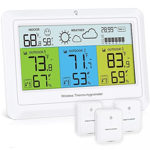 Weather Station Wireless Indoor Outdoor with 3 Sensors, Home Weather Stations Digital Thermometer Humidity with Alert, Barometer Pressure, Backlight, Forecast Station, for Home Office