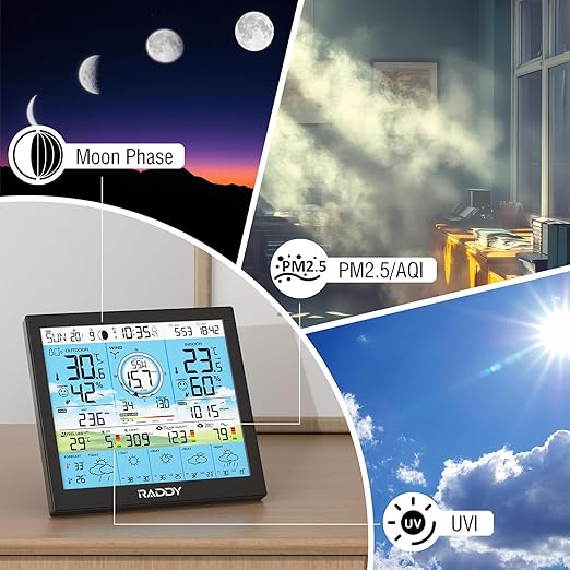 Raddy WF-120P Professional Wi-Fi Weather Station with App Control, 10″ HTN Color Display, Indoor/Outdoor Temp & Humidity, UV & Light Index, PM2.5 AQI, 5-Day Forecast, 7-in-1 Outdoor Sensor for Farm