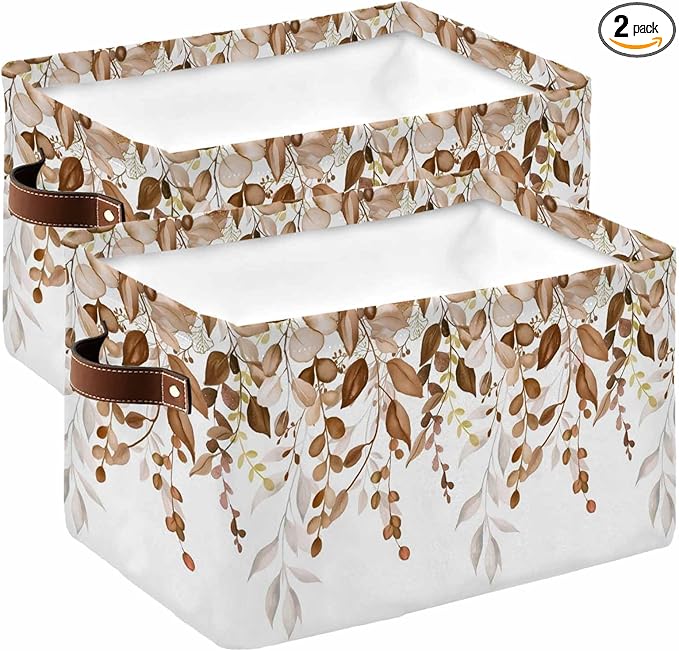 Orange Brown Eucalyptus Storage Bins Cubes Waterproof Cloth Storage Basket,Watercolor Spring Weeping Botanical Foldable Storage Bags for Shelf Storages Organizers with Handles 15x11x9.5 in 2PCS