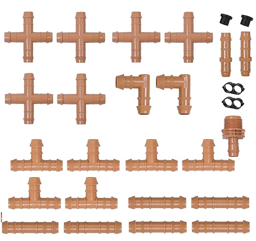 APT 1/2 Inch Drip Irrigation Fittings. 27 Count Full Irrigation System Connectors. Set of Faucet Adapter, Elbow, Transfer, Tee, End Plug, Cross and Gourmet. Also fits 17 MM Hose.