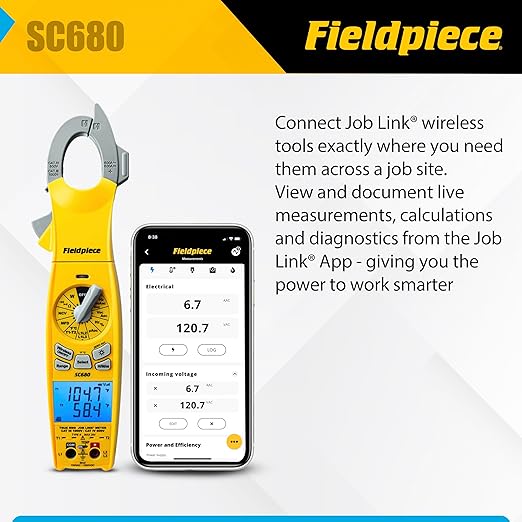Fieldpiece SC680 Clamp Meter - Wireless Power Multitester for HVACR Professionals - AC/DC Swivel Clamp Meter with Dual Display - HVAC Tools