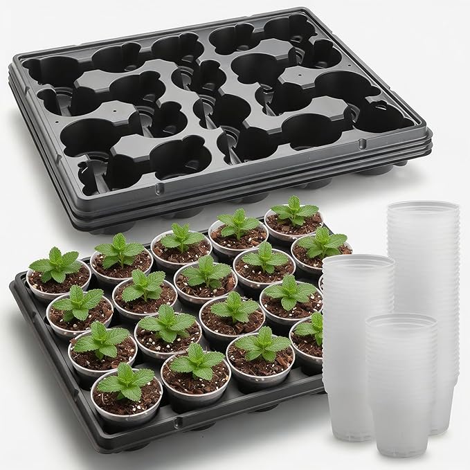 3 Inch Clear Nursery Pots 100 Pcs with 5 Pcs 20 Cell Potting Trays, 5 Sets Seed Starting Kit for Seedlings Cuttings Indoor Growing, Sturdy Transparent Plant Pot Carrying Tray Germination Set