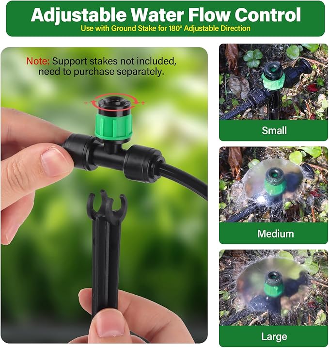 Kalolary 30Pcs Push-to-Fit Drip Irrigation Emitters for 1/4" Tubing, Adjustable 360 Degree Vortex Drip Emitters Irrigation Dripper Sprinklers with 6PCS End Plugs for Garden Irrigation System(Green)