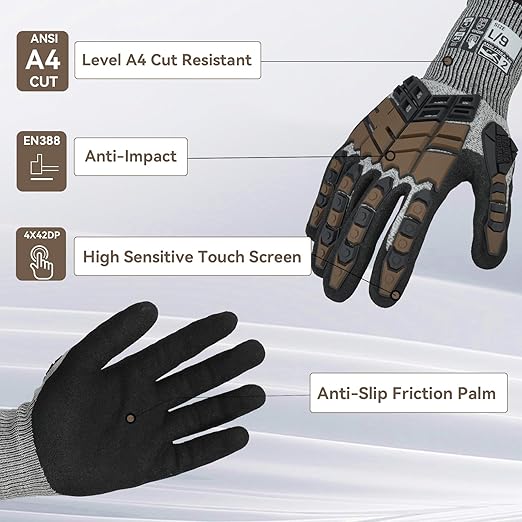 Safety Work Gloves, Impact Gloves for Men Women, Cut Resistant Non-Slip Heavy Duty Gloves with Nitrile Grip, Touch Screen Glove with Impact Protection for Mechanic Construction, Medium, Brown