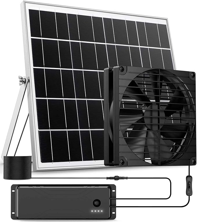 7 Inch Large Airflow Solar Fan with Battery Backup, 12800mAh Batteries IPX7 Waterproof 16.5 Ft On/Off Switch Cable Solar Powered Exhaust Vent Fan for Outside Greenhouse Chicken Coop Shed Trailer