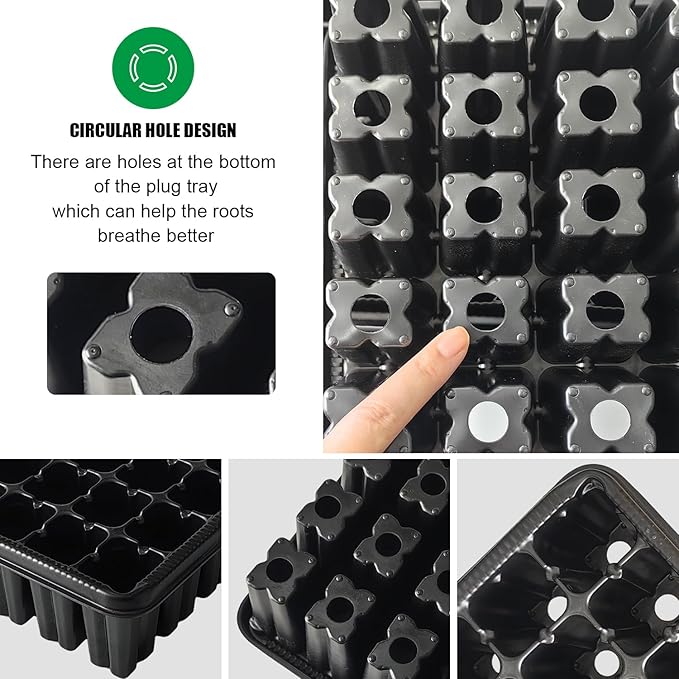 RooTrimmer 54 Cell Seed Starter Trays, 2.8" Deep Plug Flat Tray,10 Pieces Big Holes Germination Tray, Thick Durable Seedling Plastic Nursery Reusable Trays (11.14inch ×14.6 inch, 10-Pack)