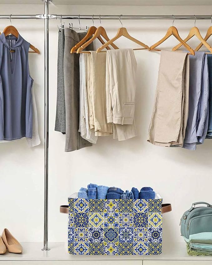 Middle Century Storage Bins Cubes Waterproof Cloth Storage Basket, Vintage Farmhouse Bohemia Style Blue Foldable Storage Bags for Shelf Clothes Storages Organizers with Handles 15x11x9.5 in 2PCS